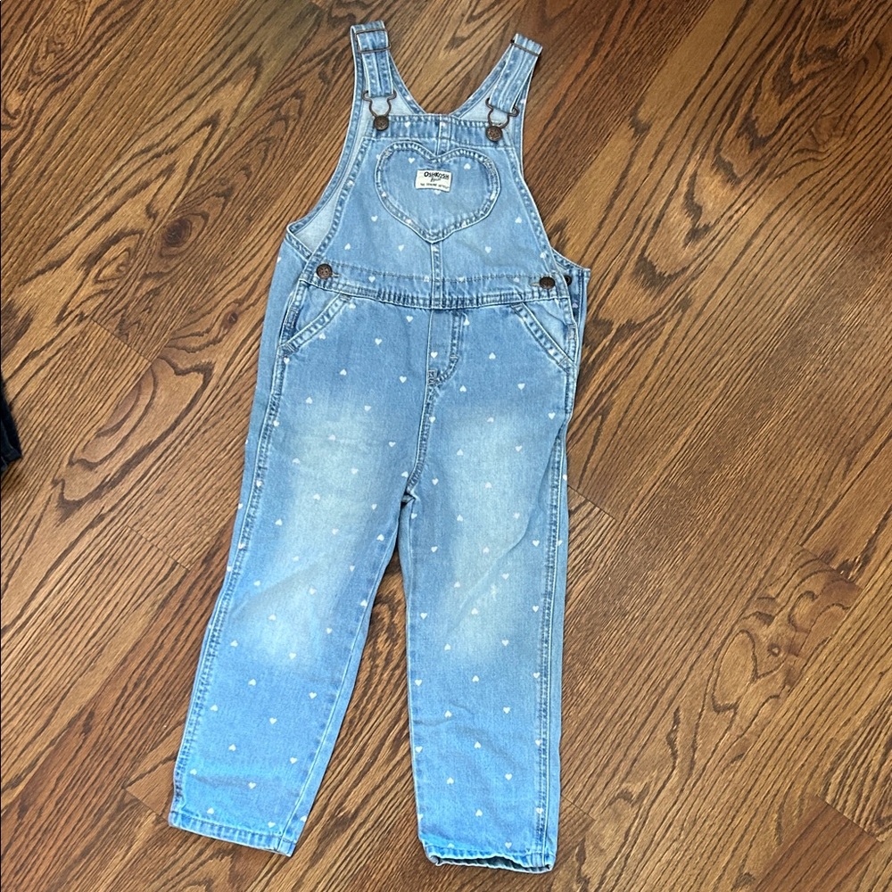 OshKosh B'gosh Blue Denim Overalls with heart detail, size 5T